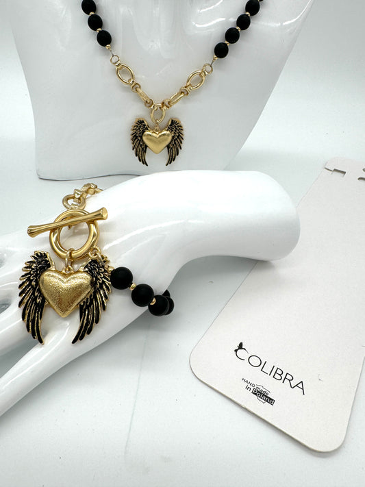Onyx bracelet with a heart pendant with wings "Colibra"