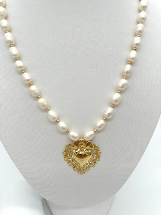 Colibra pearl and heart necklace - jewelry alloy - gold plated