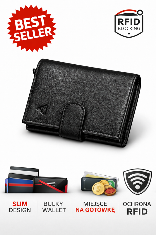 Minimalistyczny portfel Slim SKÓRZANY z aluminiowym etui na karty i ochroną RFID